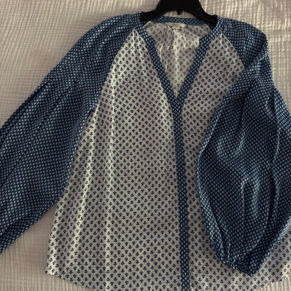 Boden Blue and White Geometric Blouse